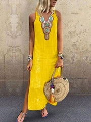 Bohemian Sleeveless Deep V-neck Side Slit Dress ins