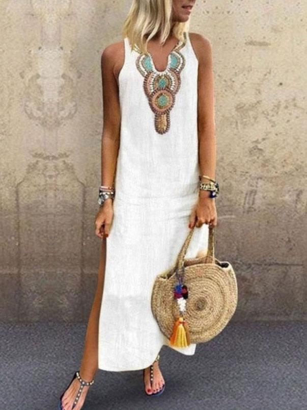 Bohemian Sleeveless Deep V-neck Side Slit Dress ins