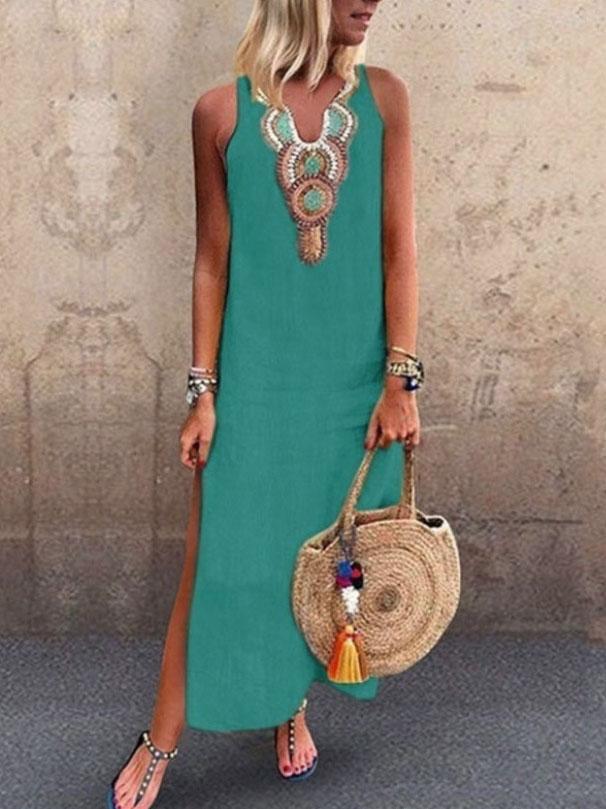 Bohemian Sleeveless Deep V-neck Side Slit Dress ins