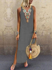 Bohemian Sleeveless Deep V-neck Side Slit Dress ins