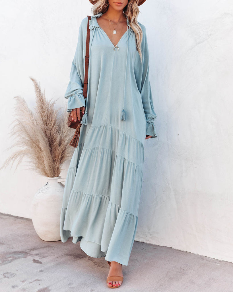 Bowdan Tiered Boho Maxi Dress - Soft Blue – InsStreet