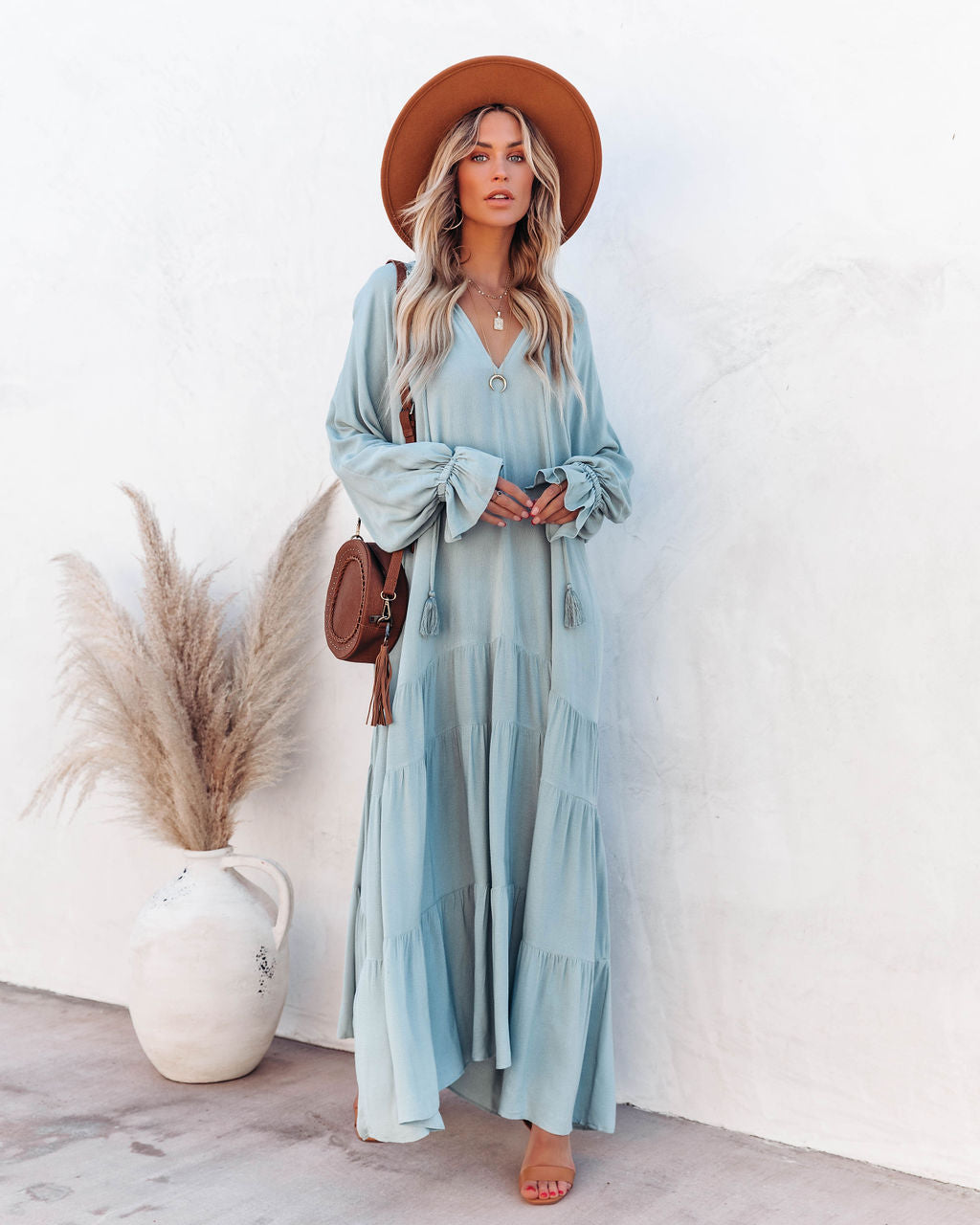 Bowdan Tiered Boho Maxi Dress - Soft Blue InsStreet