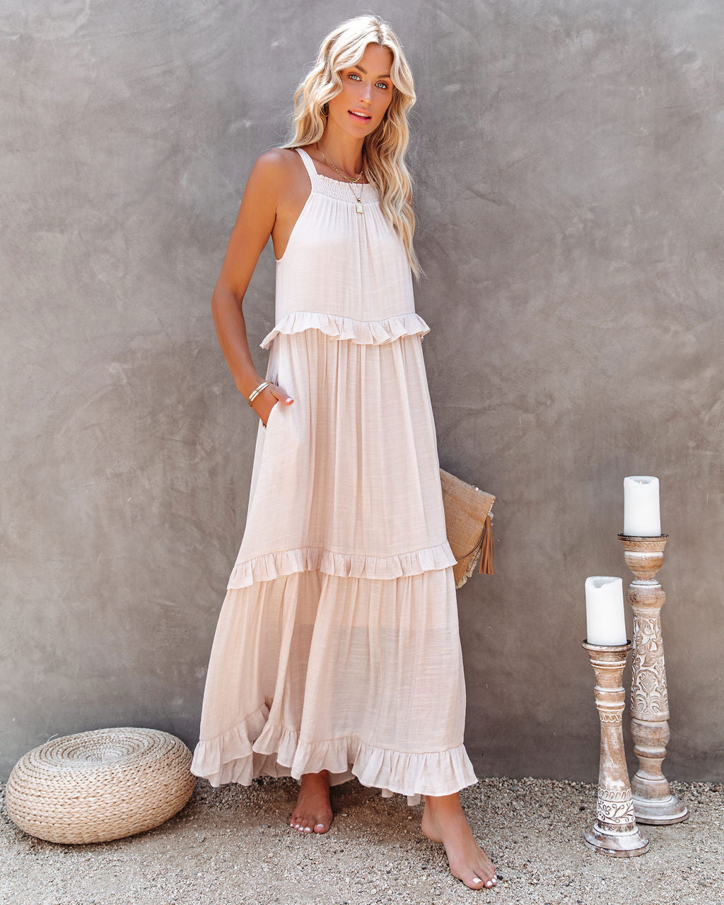 Brave Soul Pocketed Halter Maxi Dress - Champagne Insstreet