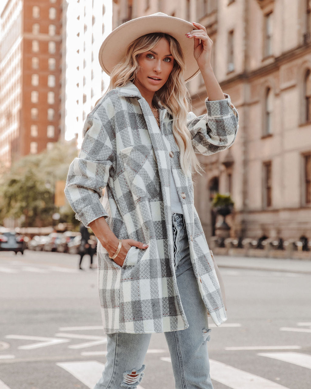 Bridgeview Pocketed Plaid Coat - Grey - FINAL SALE Ins Street