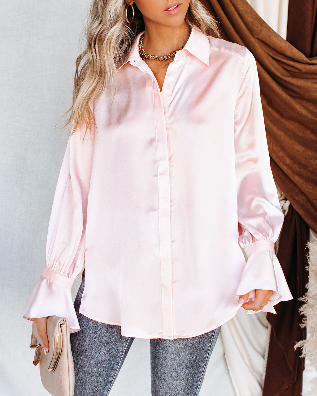 Brielle Satin Button Down Ruffle Blouse Ins Street