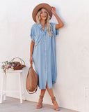 Briley Pocketed Tencel Button Down Midi Dress - Chambray Ins Street