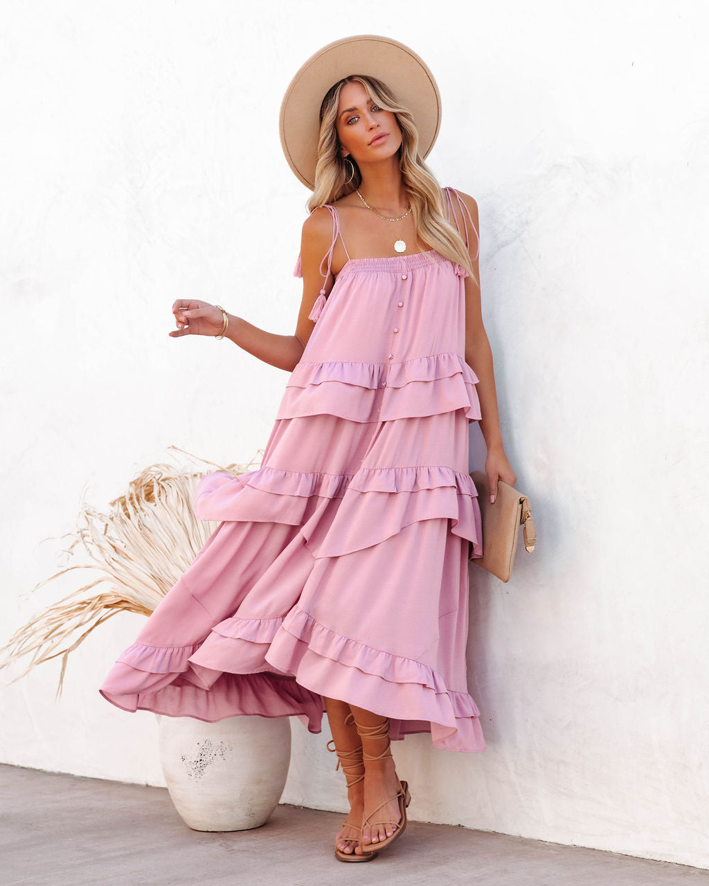 Brisbane Tiered Tassel Midi Dress - Mauve Ins Street