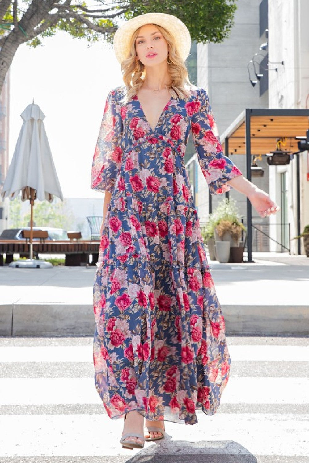 ee:some Floral Frill Trill Deep V Maxi Dress Ins Street