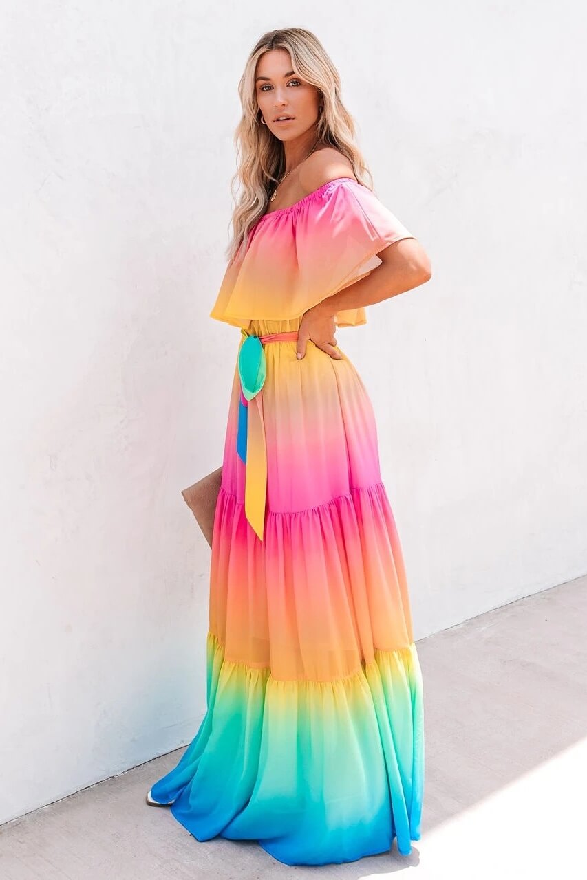 Off Shoulder Colourfull Flowy Dress for Women Ins street