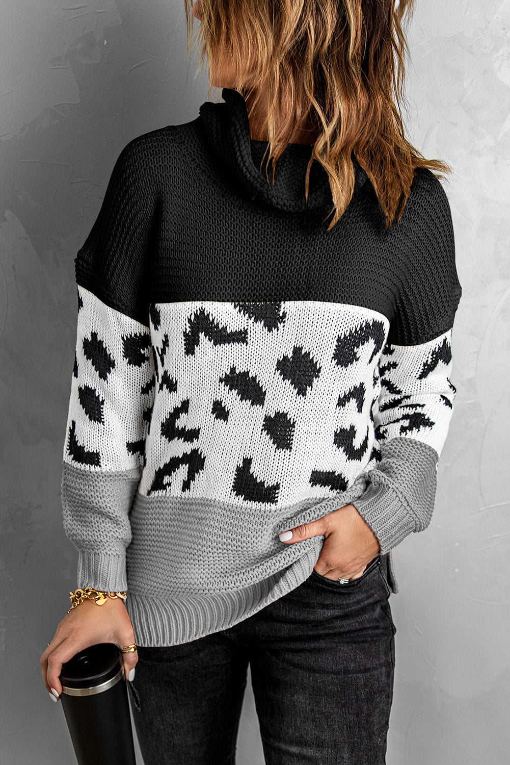 Patterned Color Block Turtleneck Sweater Ins Street