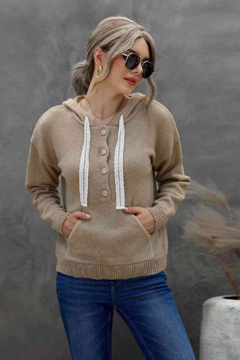 Lace Drawstrings Button-down Knitted Hoodie Ins Street