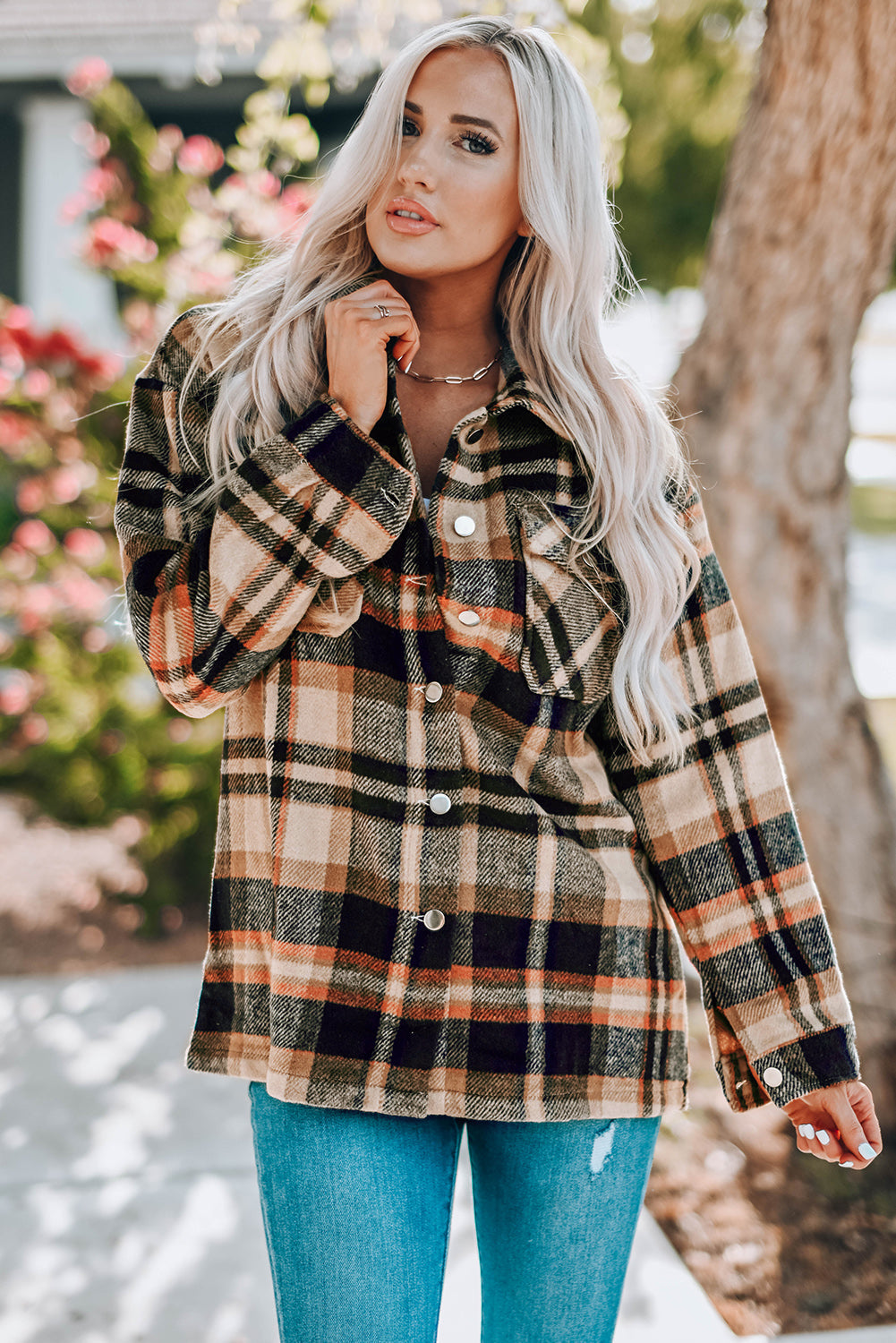 Plaid Button Front Shirt Jacket with Breast Pockets Ins Street