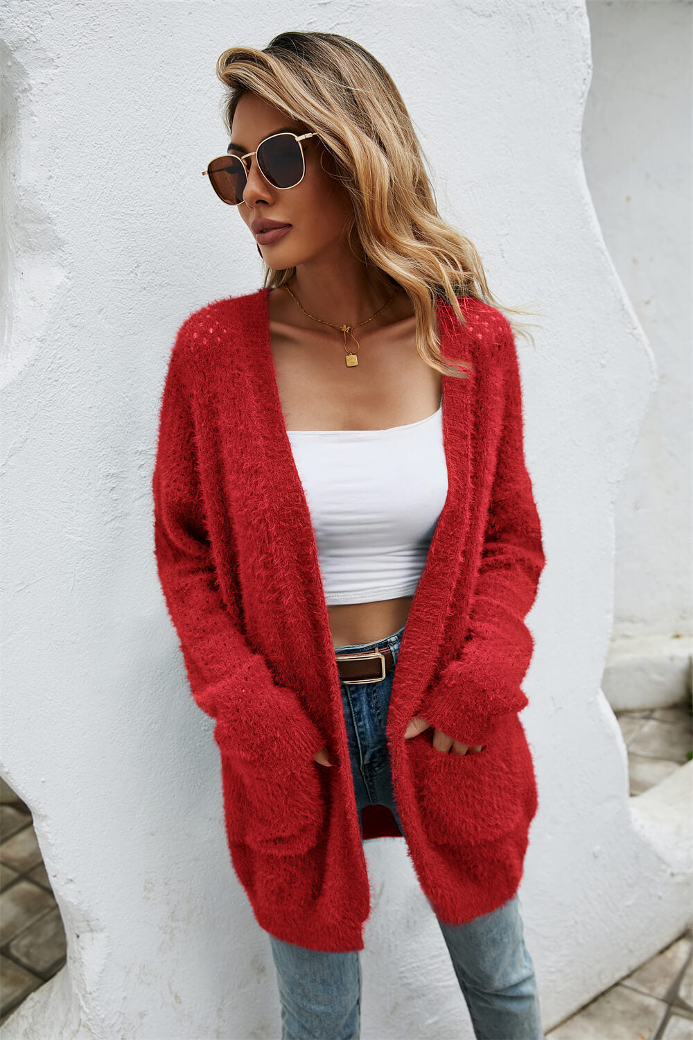 Open Front Openwork Fuzzy Cardigan with Pockets Ins Street