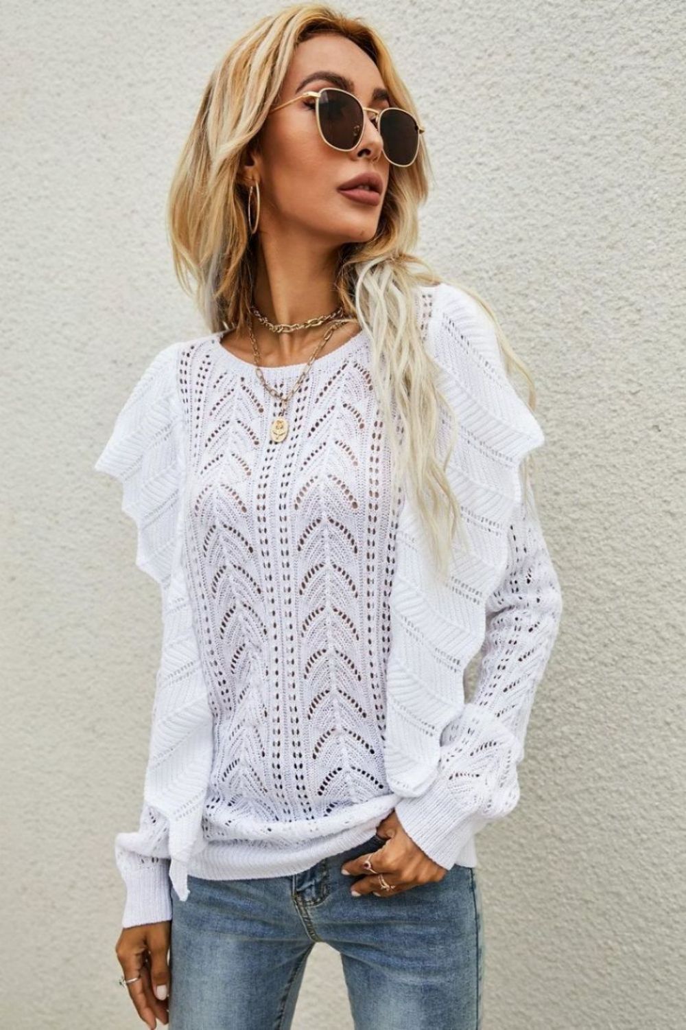 Openwork Round Neck Ruffled Sweater Ins Street