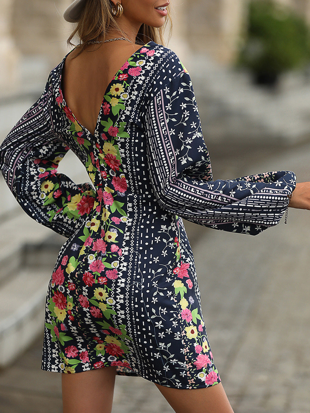 Mixed Print V-Neck Balloon Sleeve Dress Ins Street