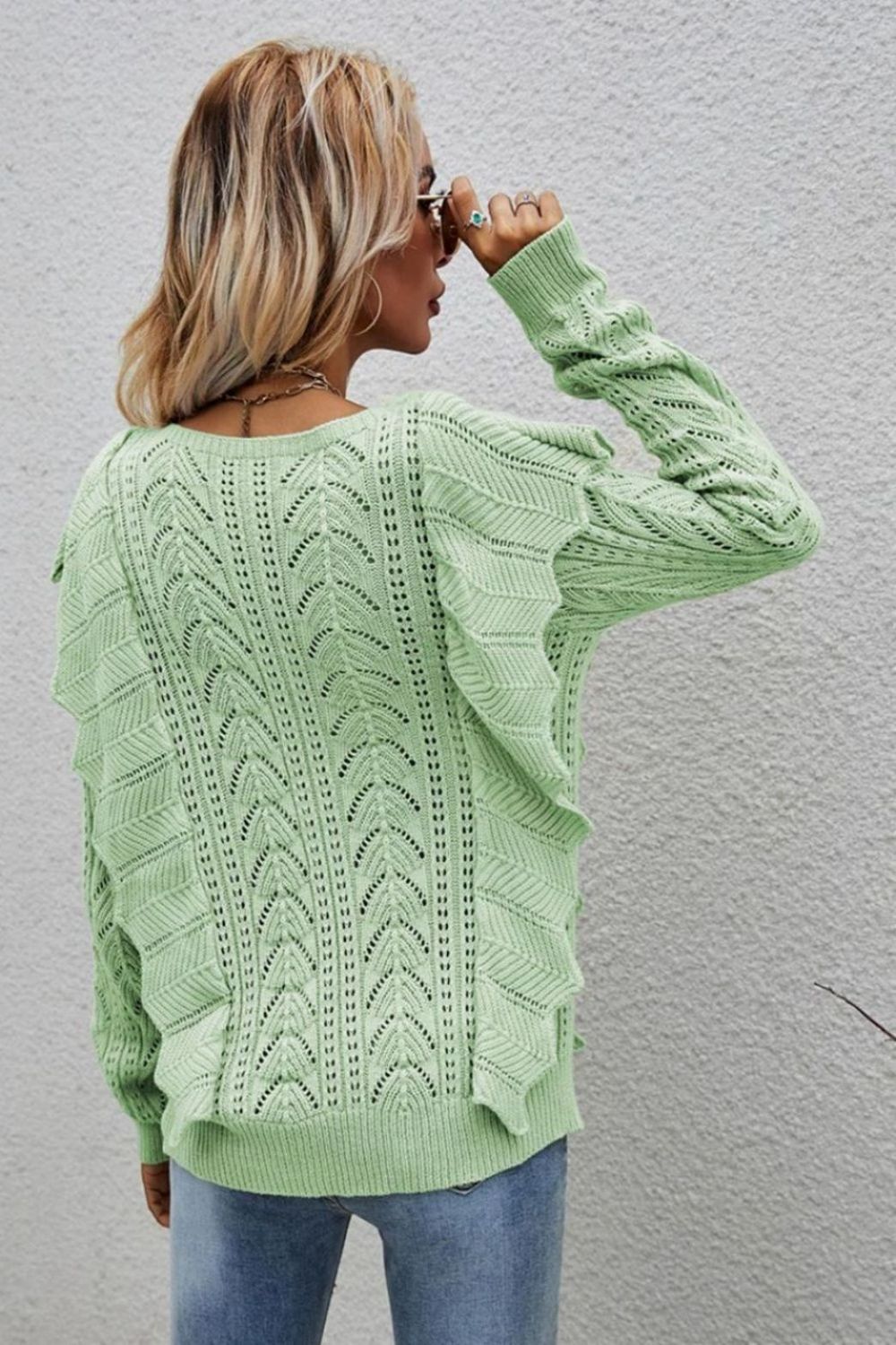 Openwork Round Neck Ruffled Sweater Ins Street