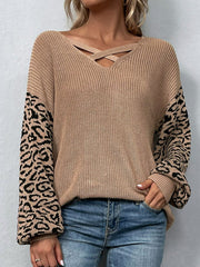 Leopard Lantern Sleeve Crisscross Sweater Ins Street