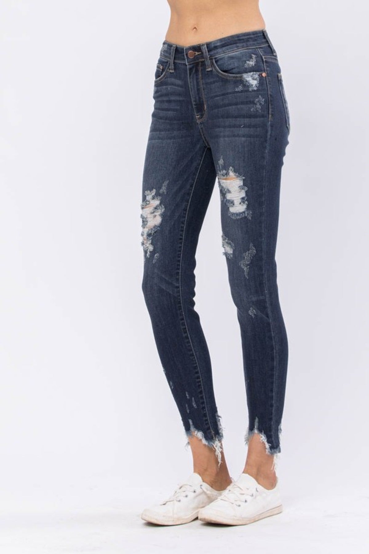 Mid-Rise Destroyed Hem Shark Bite Skinny Jeans Ins Street