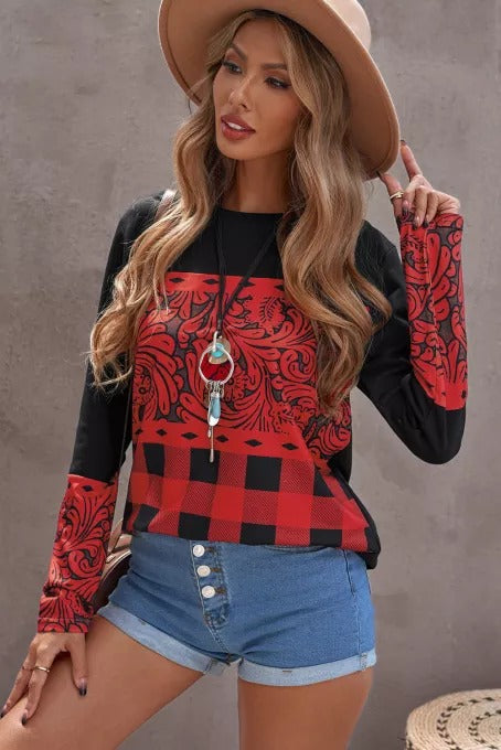 Mixed Print Color Block Long Sleeve Top Ins Street