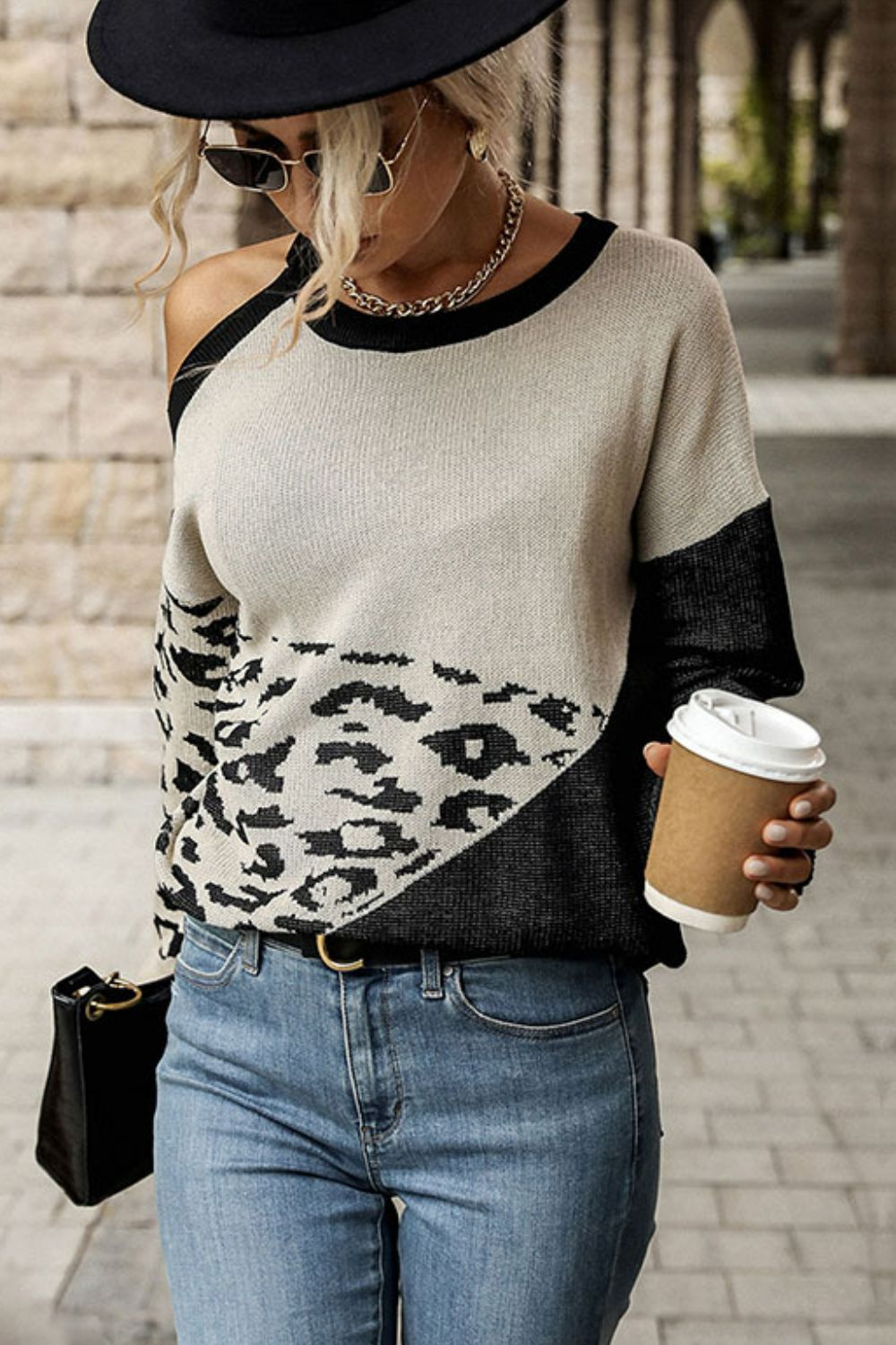 Leopard Color Block Cold-Shoulder Sweater Ins Street