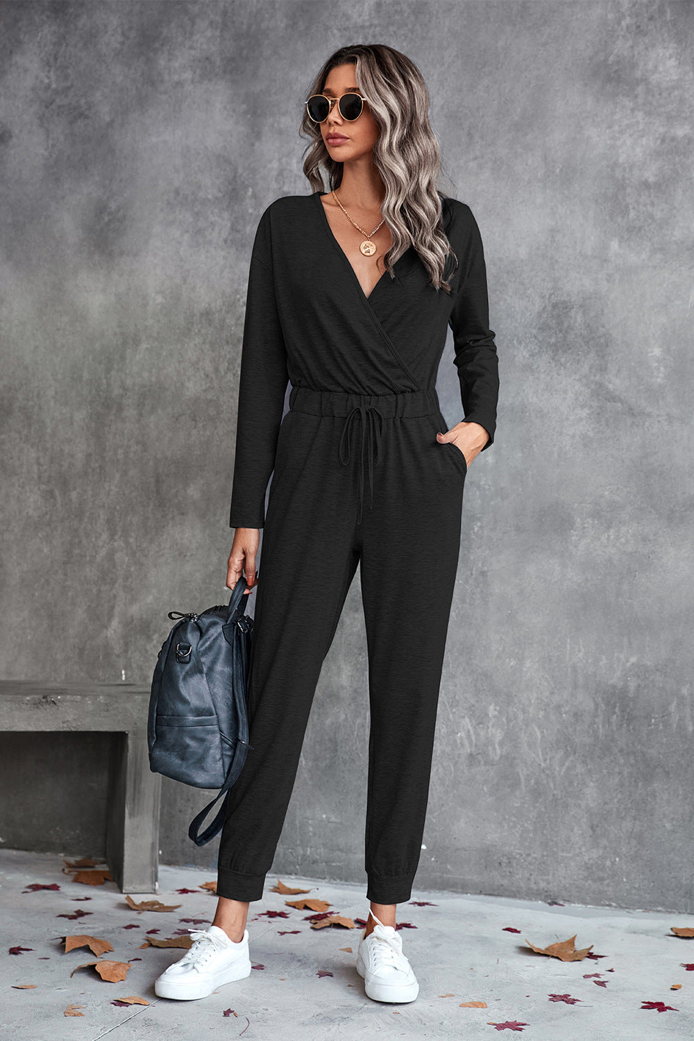 Drawstring Waist Surplice Long Sleeve Jumpsuit Ins Street