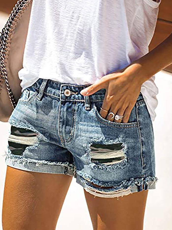 Camouflage Sunflower Ripped Patch Jeans Shorts Ins Street