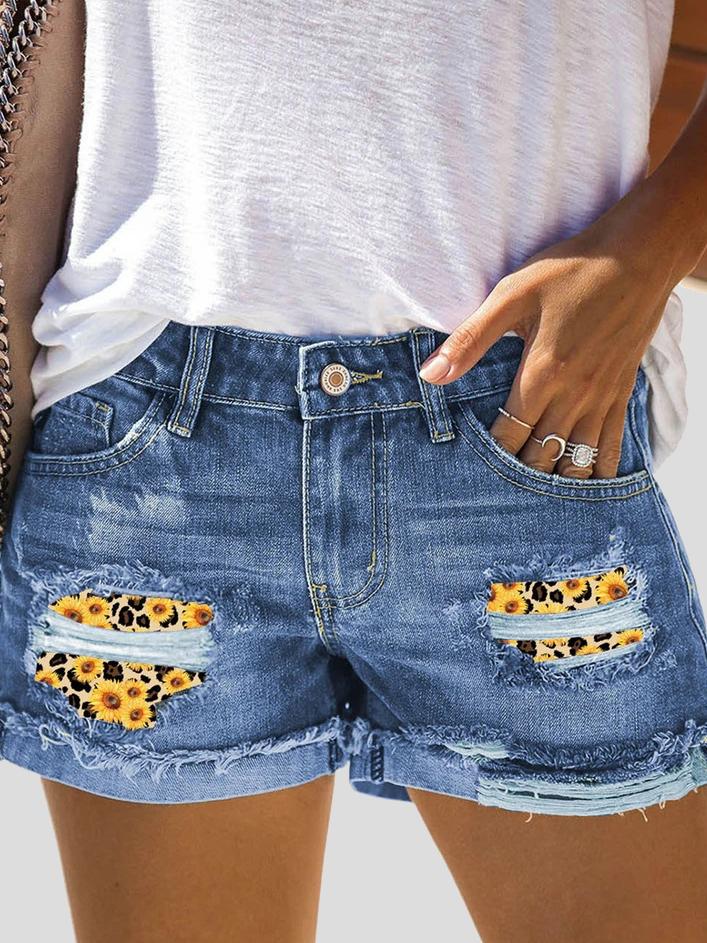 Camouflage Sunflower Ripped Patch Jeans Shorts Ins Street