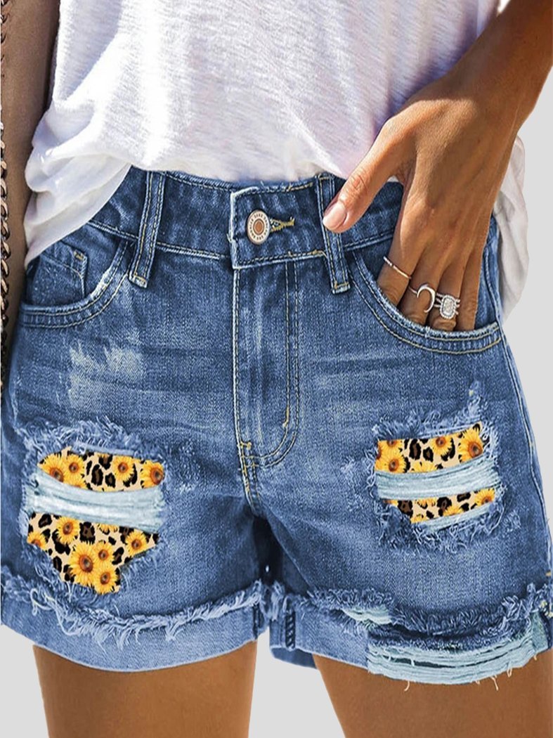 Camouflage Sunflower Ripped Patch Jeans Shorts Ins Street