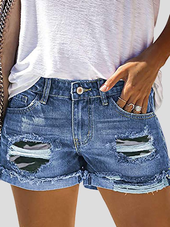 Camouflage Sunflower Ripped Patch Jeans Shorts Ins Street