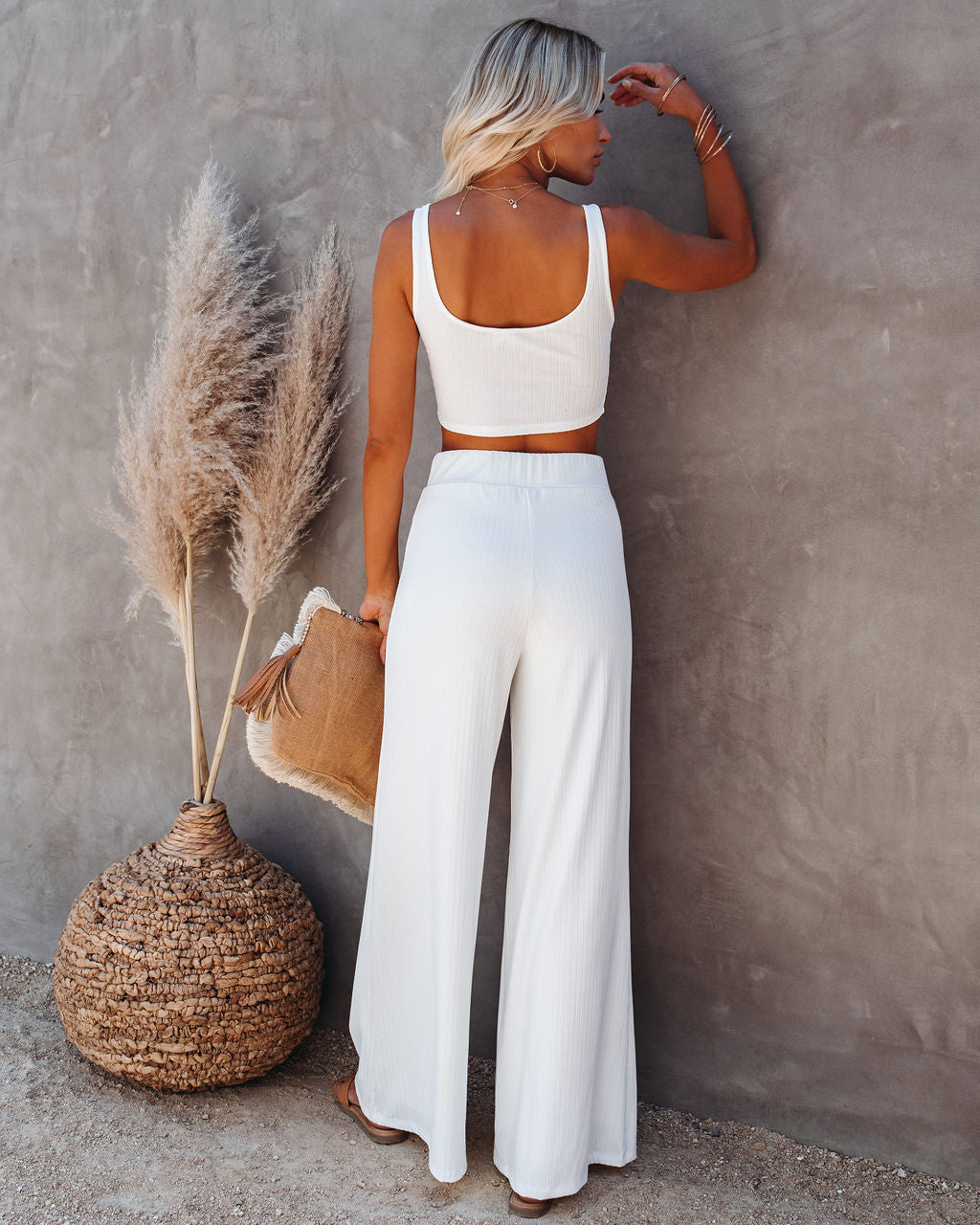 Campfire Wide Leg Ribbed Knit Pants - White Ins Street