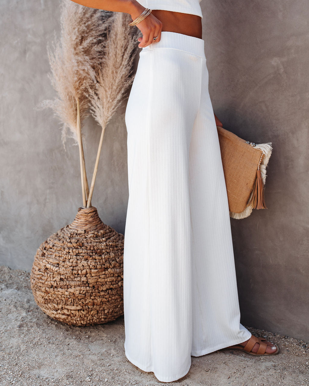 Campfire Wide Leg Ribbed Knit Pants - White Ins Street