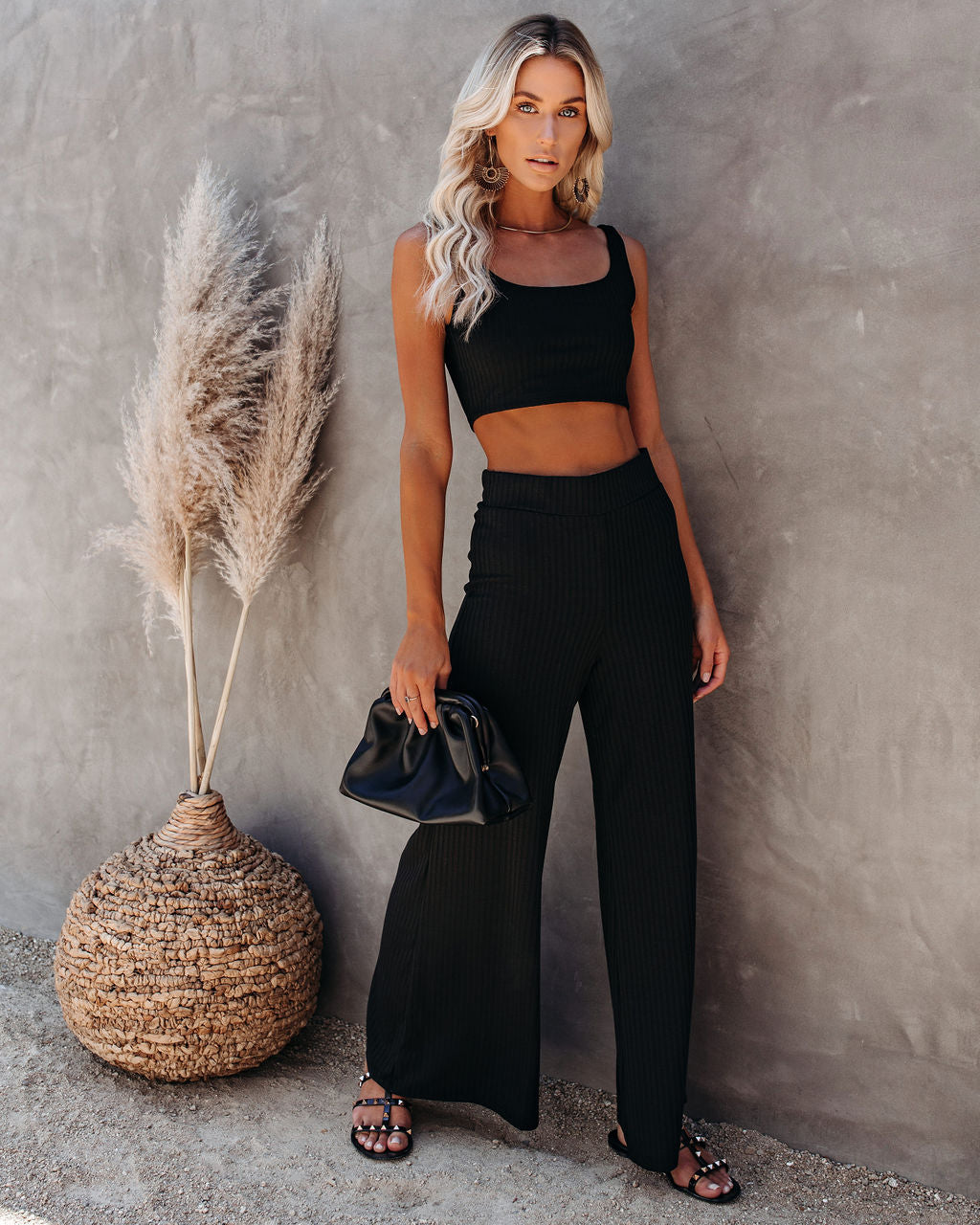 Campfire Wide Leg Ribbed Knit Pants - Black Ins Street