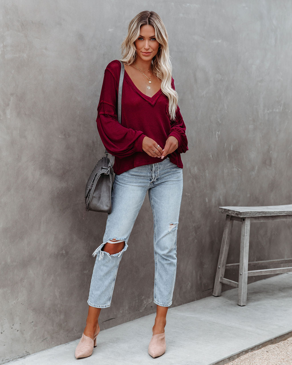 Capitol Reef V-Neck Knit Pocket Top - Maroon - FINAL SALE Ins Street