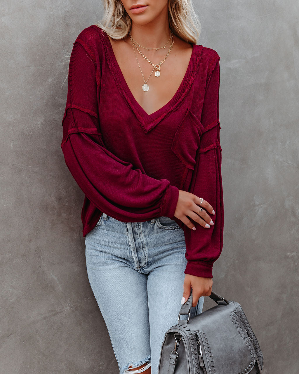 Capitol Reef V-Neck Knit Pocket Top - Maroon - FINAL SALE Ins Street