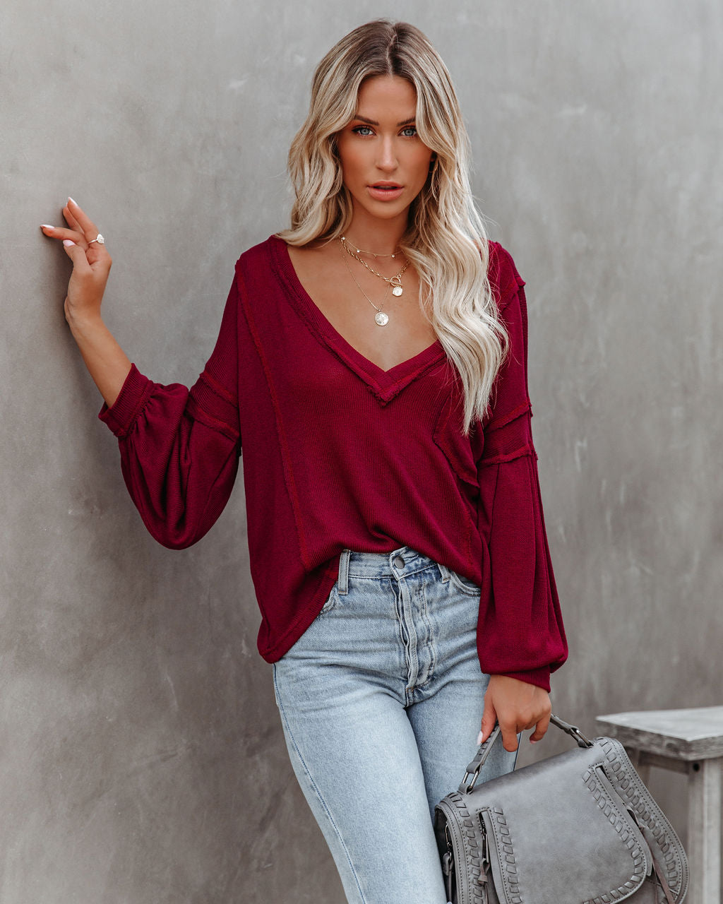 Capitol Reef V-Neck Knit Pocket Top - Maroon - FINAL SALE Ins Street