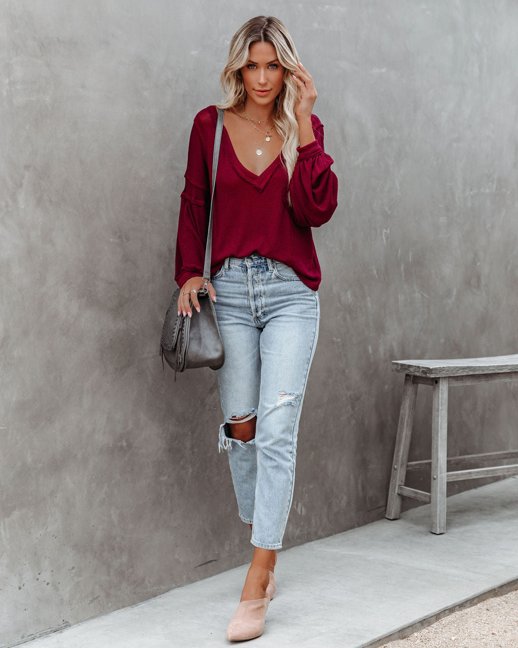 Capitol Reef V-Neck Knit Pocket Top - Maroon - FINAL SALE Ins Street