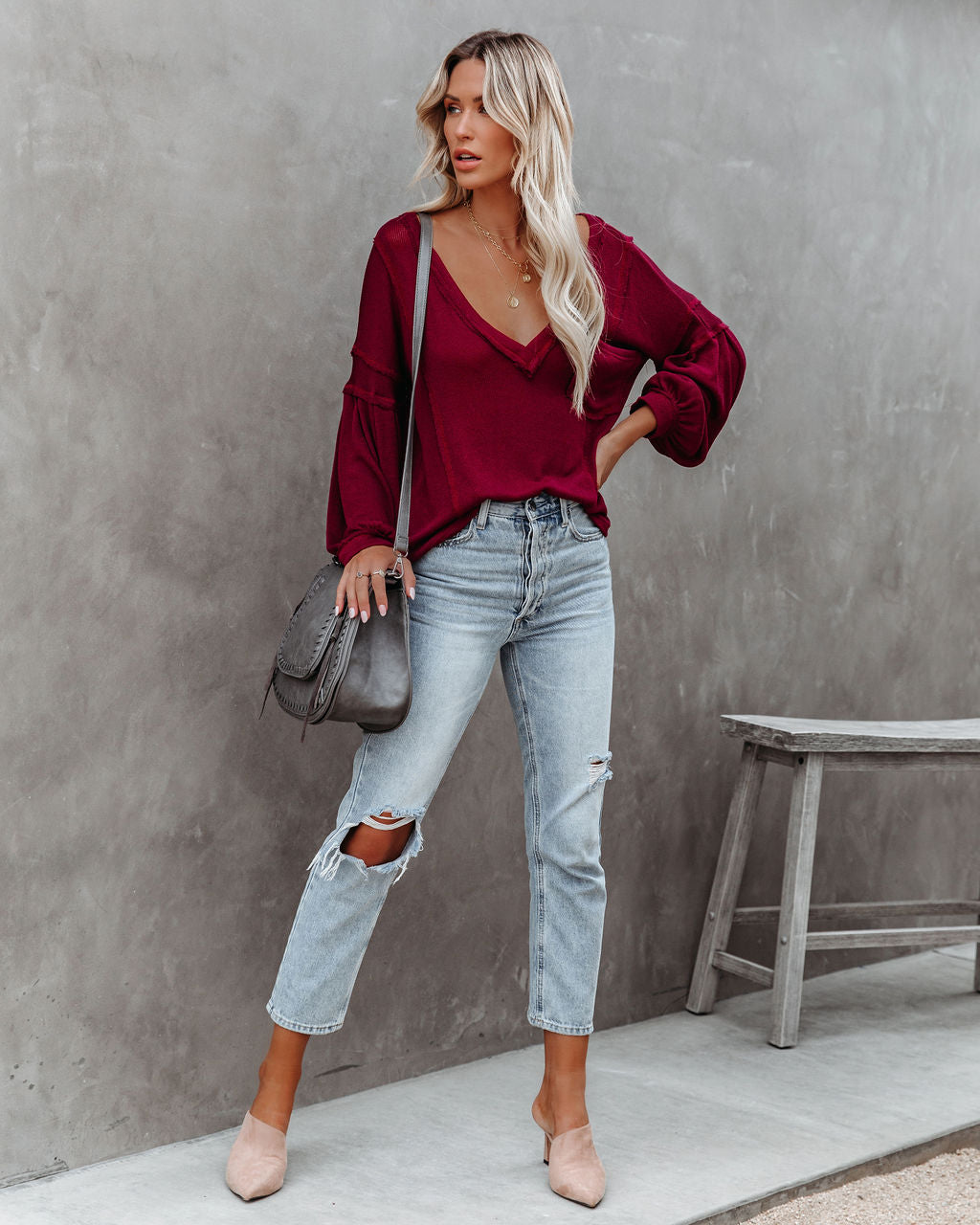 Capitol Reef V-Neck Knit Pocket Top - Maroon - FINAL SALE Ins Street