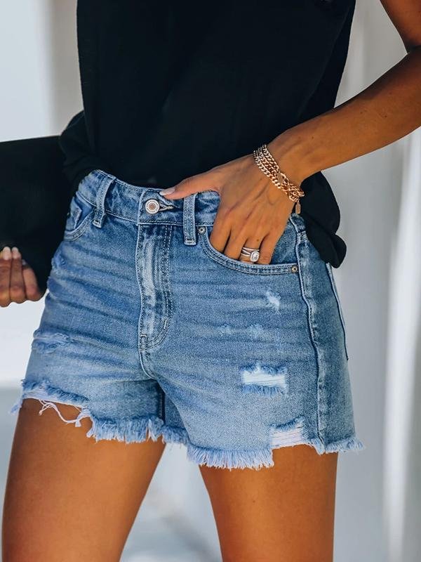 Casual Denim Shorts With Ripped Fringe Pockets Ins Street