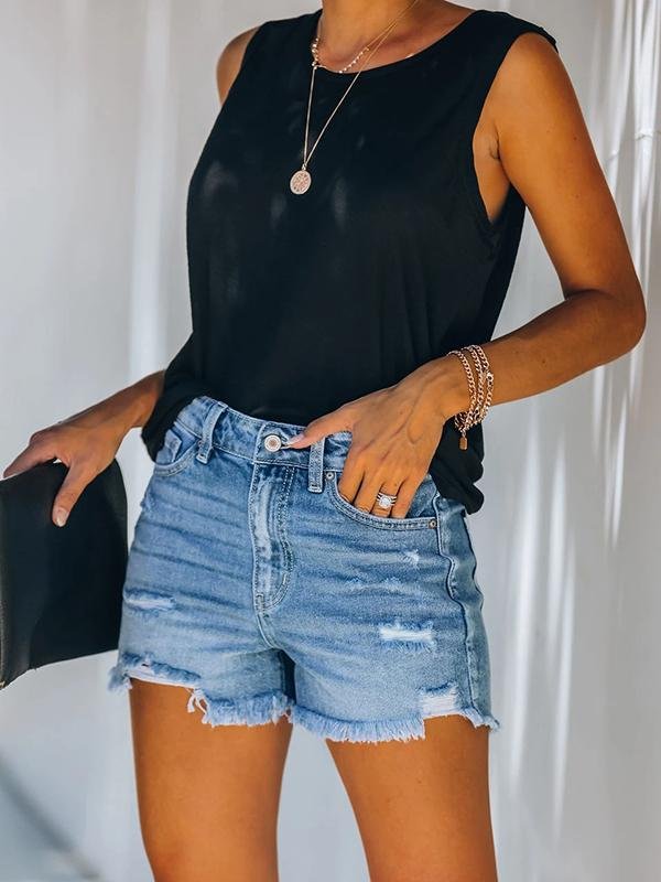 Casual Denim Shorts With Ripped Fringe Pockets Ins Street