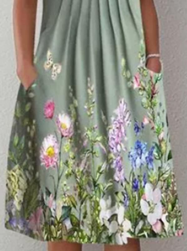 Casual Floral Round Neck Mid-length Straight Dress ins