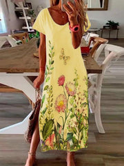 Casual Short Sleeve Flower Slit Dress ins