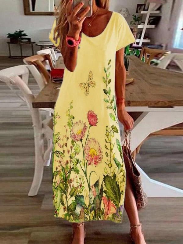 Casual Short Sleeve Flower Slit Dress ins