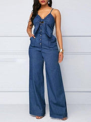 Casual V-neck Knotted Wide-leg Denim Jumpsuit Ins Street