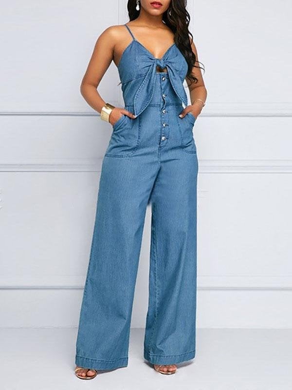 Casual V-neck Knotted Wide-leg Denim Jumpsuit Ins Street