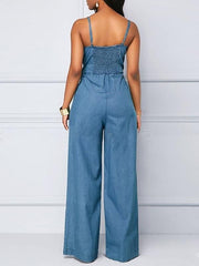 Casual V-neck Knotted Wide-leg Denim Jumpsuit Ins Street