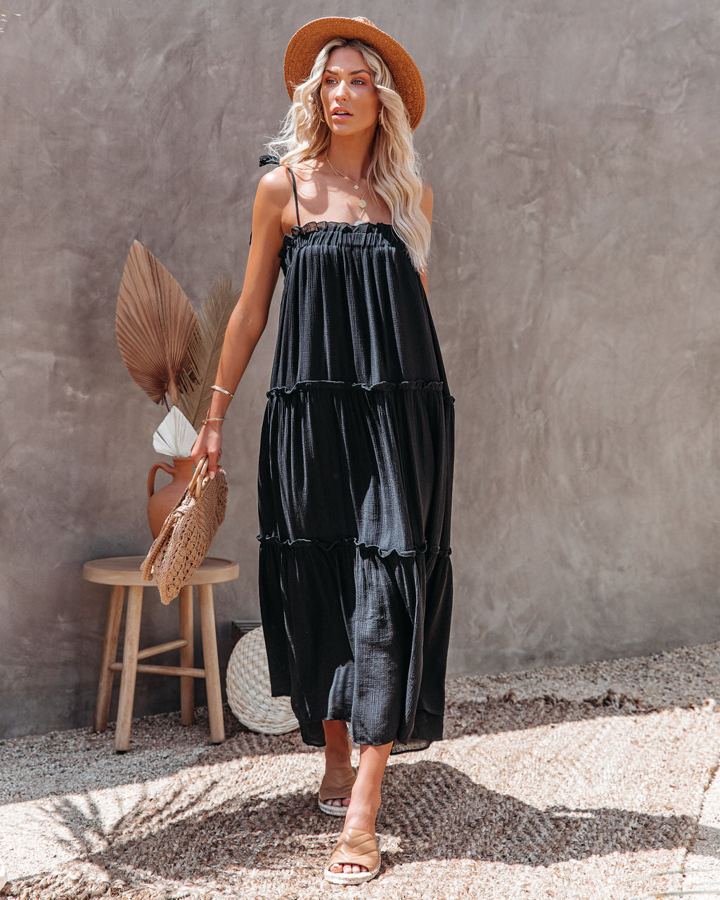 Catch The Sun Tiered Midi Dress - Black Ins Street