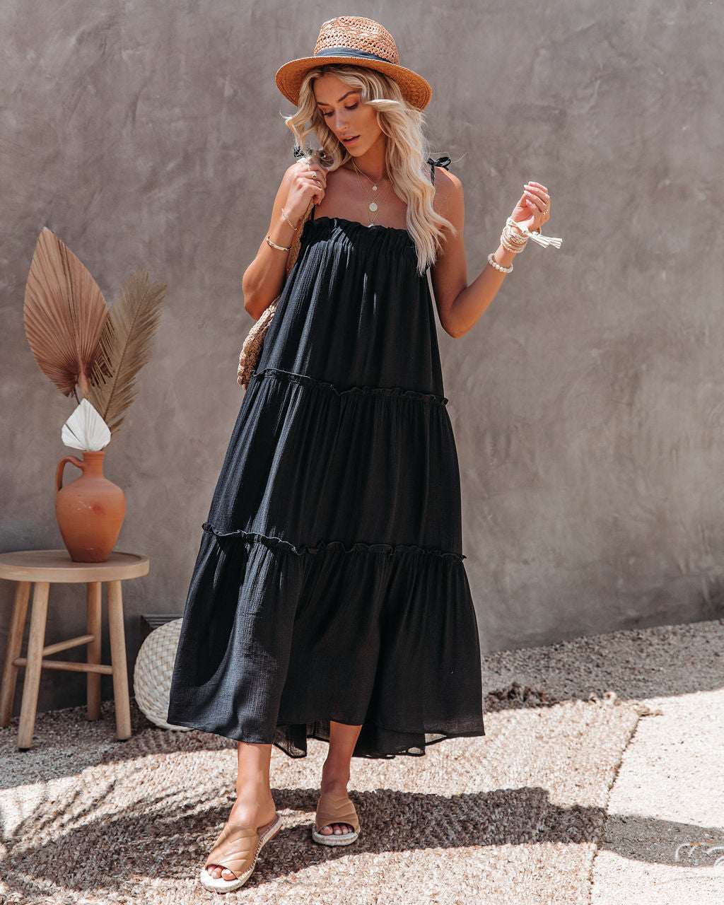 Catch The Sun Tiered Midi Dress - Black Ins Street