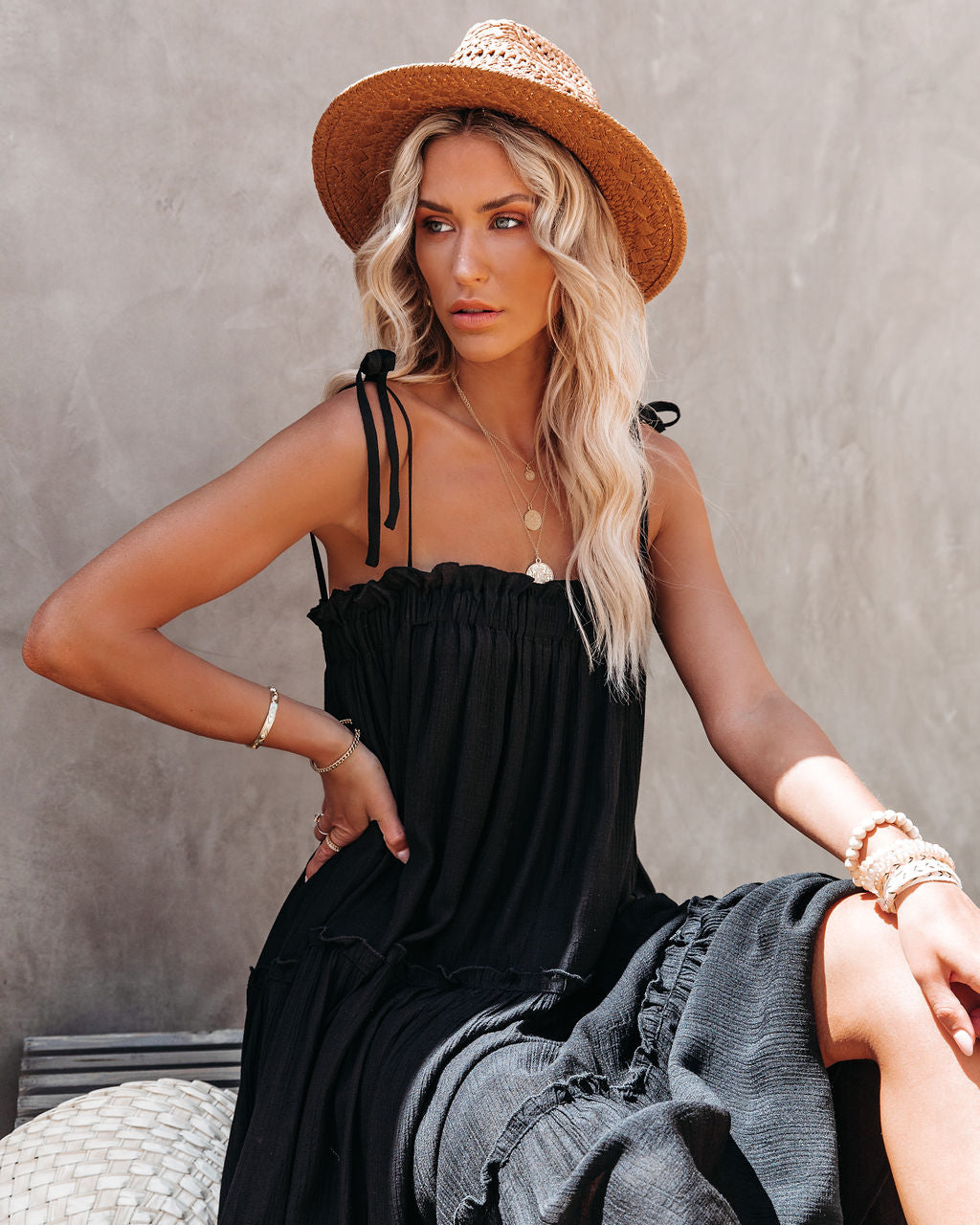 Catch The Sun Tiered Midi Dress - Black Ins Street