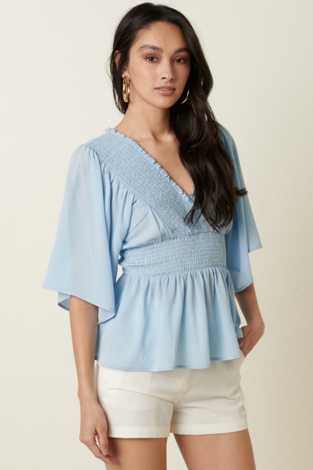 Mittoshop R.S.V.P. Full Size Run Flare Sleeve Peplum Blouse in Blue Ins Street