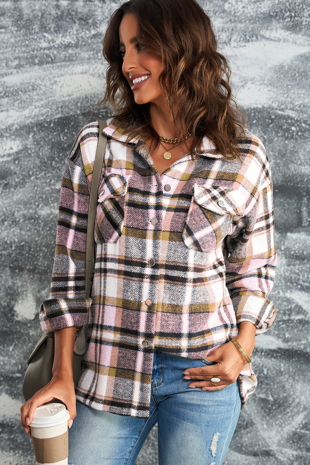 Plaid Button Front Shirt Jacket with Breast Pockets Ins Street